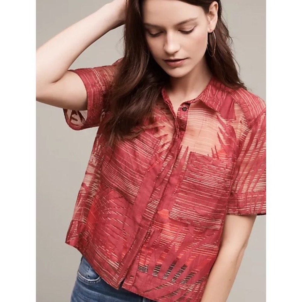 Maeve Anthropologie Size 4 Sun Palm Sheer Metallic Boxy Midi Button Up Blouse